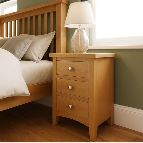 Home Furniture Group Ltd Nordale Light Oak 3 Drawer Bedside Cabinet – Slim Solid Wood Nightstand with Brushed Metal Handles, Fully Assembled Bedroom Unit, 42cm Wide Compact Storage