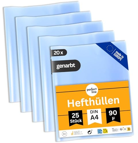 perfect line 500 Hefthüllen DIN-A4 transparent, Heftumschlag durchsichtig & genarbt, Heftschoner aus recyclebarem PP (20 Sets á 25 Stk.)