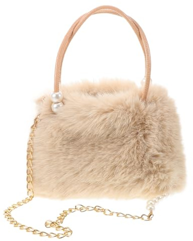 NOLITOY Flauschige Umhängetasche mit Großem Fassungsvermögen und Eleganter Perlenkette Weiche Kunstpelz Schultertasche für Damen Herbst Winter Handtasche für Party und Alltag