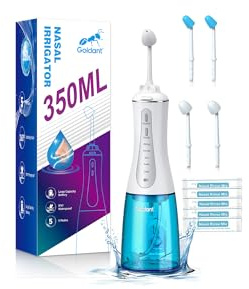 GOLDANT Neti Pot Kit de rinçage des sinus avec 40 sachets de sel de rinçage nasal, système d'irrigation nasale avec 5 modes, 4 buses, rechargeable sans fil, étanche IPX7, nettoyeur de nez pour