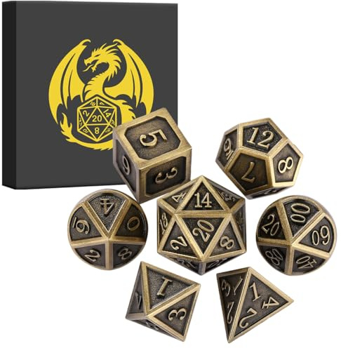 Set di Dadi in Metallo D&D, 7 pezzi di Dadi Poliedrici in Metallo, MTG, RPG, Accessori per Giochi di Ruolo e da Tavolo, Regali DND con Scatola Regalo, D20, D12, 2 D10 (00-90 e 0-9), D8, D6, D4, Bronzo