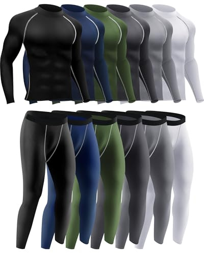 Hicarer 4/6 Set Men's Compression Shirts Pants Long Sleeve Base Layer Set Thermal Underwear for Men Running Gym Yoga Sports(6 Set,Dark Colors,Medium)