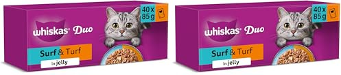 WHISKAS - 1+- Adult Wet Cat Food Pouches - 40 x 85 g - Surf and Turf in Jelly - Bulk Cat Food Megapack - 40 Pouches (Pack of 2)