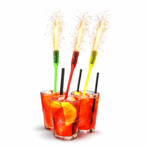 Lot de 12 Agitateurs Pyrotechniques Réutilisables – Catégorie F1 – avec 24 Fontaines Scintillantes 60 s – 6 Bleues + 6 Jaune Citron – 20 cm – Cocktails, Champagne, Fêtes & Événements