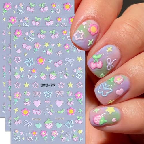 Flower Nail Art Stickers 5D Embossed Flowers Nail Decals 3PCS Cute Cherry Strawberry Heart Star Self-Adhesive Design Flower Stickers for Nails Colorful Bow Butterfly Kawaii Manicure Sliders for