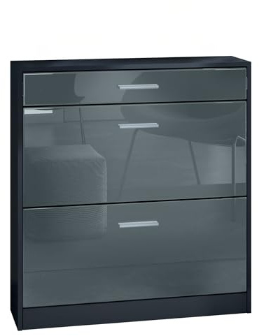 InnoFurn Schuhschrank Roma Schmal mit 2 Klappen und 1 Schublade, Platzsparender Schuhkipper Flurschrank für Diele Flur Garderobe, Schwarz/Grau Hochglanz (89 x 95,5 x 23 cm)