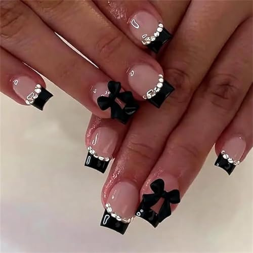 French False Nails Short, 24Pcs French Press on Nail with Black Cute Bow - French Tip with Broken Drill - Natural Reusable Stick on Nails with Glue for Women Girls Manicure Decorations