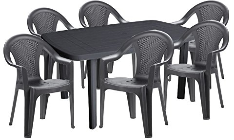 Mojawo® Praktisch und Schön! - Gartengarnitur 7-teilig - Esstisch Kunststoff 140x90cm + 6 Stapelstühle - Kunststoff - Anthrazit