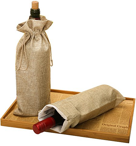 Jute Wine Bottle Bags with Drawstring, 10pcs 35.5cm x 16cm Brown Fabric Wine Gift Cover for Christmas Festival Party