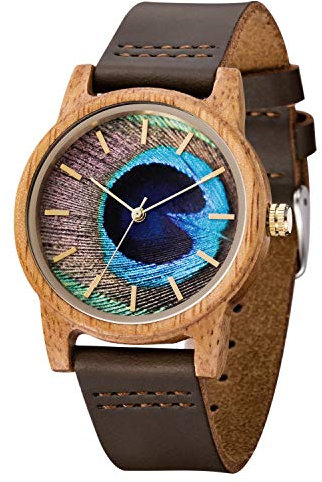 MUJUZE Herren Holzuhr Uhren Damen Analoge Japanisch Quarzwerk 40mm Sandelholz Ziffernblatt Holzuhren mit Schwarz Leder Armband … (Mango)