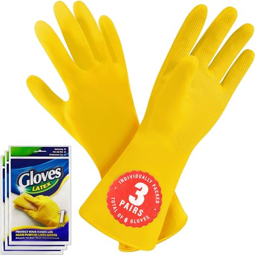 SteadMax 3 Pairs Large Cleaning Gloves, Reusable Natural Rubber Dish Gloves, Waterproof Latex Non-Slip Dishwashing Gloves for Kitchen and Household (Large, 3 Pack)