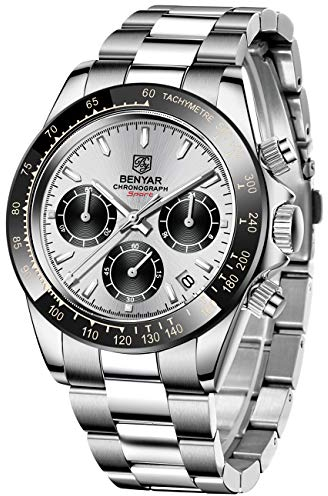 Herrenuhr BENYAR Mode Quarzwerk Armbanduhr Analog Chronograph Business Wasserdicht und Kratzfest Edelstahlarmband Freizeit Sportuhren für Herren (weiß und Schwarz)