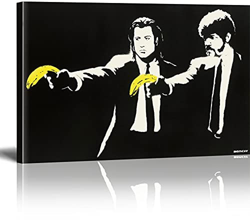 MJEDC Banksy Bilder Leinwand Pulp Fiction Banana Graffiti Street Art Leinwandbild Fertig Auf Keilrahmen Kunstdrucke Wohnzimmer Wanddekoration Deko XXL 100x150cm