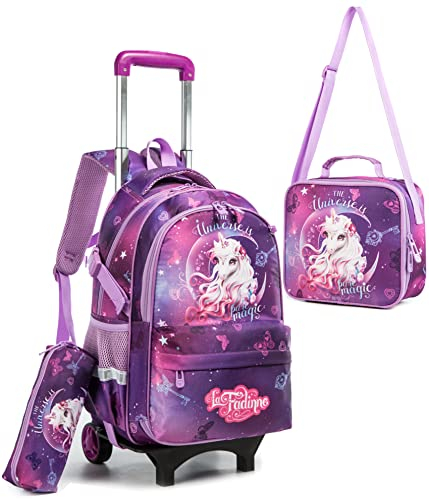 HTgroce Cartable Fille Licorne Sac a Dos Roulette, Cartable a Roulette Fille Maternelle à avec étui à Crayons et Sac frigorifique Sac a Roulette Fille.