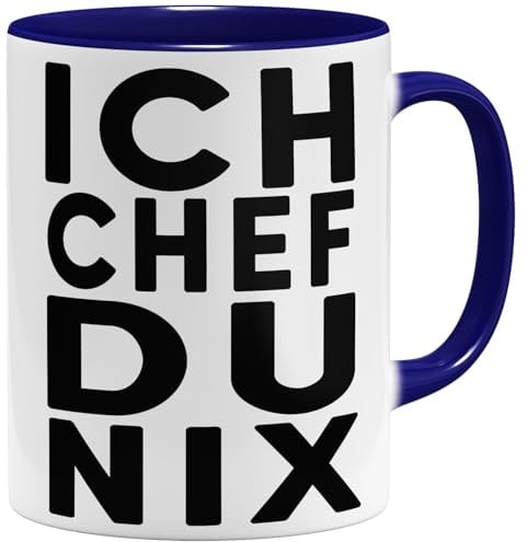OM3® Ich Chef Du Nix Kaffee-Tasse mit Spruch - Lustige Statement Keramiktasse für Büro & Alltag - Keramik Becher - 325ml - Beidseitig Bedruckt - Dunkelblau