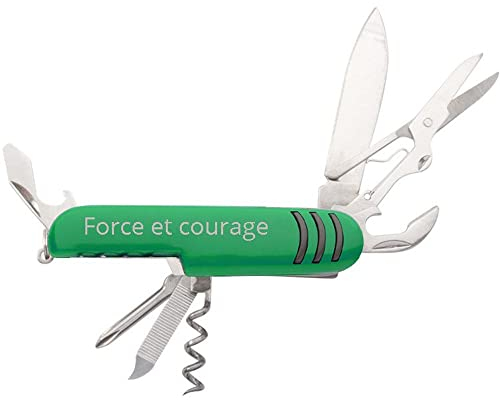 Ocadeau Couteau de poche multifonction vert avec gravure texte – Couteau personnalisé multifonction vert avec 7 fonctions – Couteau de poche personnalisable