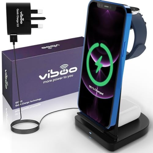 Viboo 3 in 1 Wireless Charger for use with Samsung Galaxy Watch 4 and 3 (it will not charge Galaxy Watch 5,6,7 or Gear varients), Samsung S24 -S8, Iphone X to 16 and Galaxy Buds/Buds2/Plus/Live/Pro