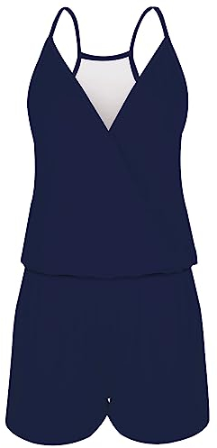 Loveternal Jumpsuit Damen Overall Frauen Sommer Kurz Romper Navy Blau Einteiler Playsuit Ärmellos Elegant Sexy Träger Rückenfrei Taschen V Ausschnitt Strand, M