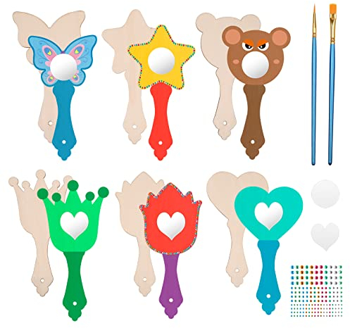 Matogle 12 Sets DIY Holzspiegel zum Basteln Kinder Handspiegel mit Griff Spiegel Basteln Kinderspiegel Kindergeburtstag Mitgebsel Mädchen Handwerk für Kinder Party Geburtstagsparty