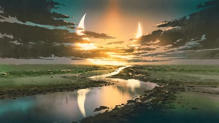 Immagine acrilica 130 x 70 cm: bellissimo paesaggio del corso d'acqua in un luogo rustico colorato contro nuvole nere e mezzaluna nel cielo, digitale(103614370)