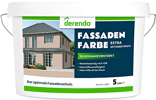 derendo Fassadenfarbe braun 5l mit EXTRA hohem Wetterschutz, matte silikonharzverstärkte Fassaden Farbe, hohe Deckkraft und gute Füllkraft bei kleinen Rissen (Haselnuss)