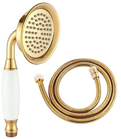 Wussh 3.85 Inch Classic Traditional Brass Telephone Hand Shower Head Polished Gold and Ceramic Handheld Showerheads with 1.5M Hose Set