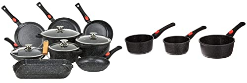 Kamberg - Set Lot Batterie de cuisine 24 pièces - Fonte d'aluminium - Revêtement pierre - Tous Feux dont Induction - 52 x 43 x 3 cm & Set 3 Casseroles Gris 16/18 / 20 cm - Fonte d'Aluminium