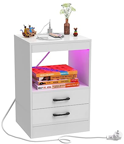 PIPIPOXER Nachttisch mit Steckdose & USB, Nachttisch Weiß Nachtschrank Hochglanz Nachtkommode 2 Schubladen mit Led 16 Farben Beleuchtung Beistelltisch für Schlafzimmer, Wohnzimmer, 40x60x35cm