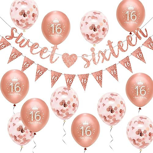16th Birthday Decorations Rose Gold Sweet Sixteen Banner Kit Women 16th Birthday Party Decorations by Wonsta