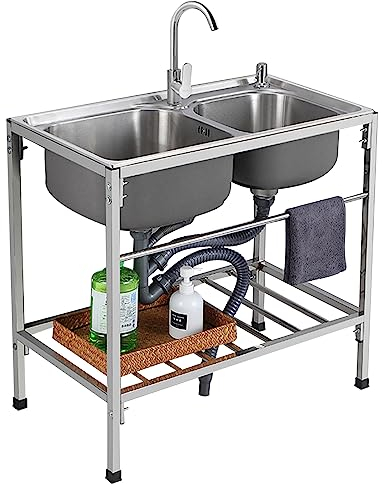 Fregadero de Garaje Fregadero de Cocina Comercial Doble Fregadero de Acero Inoxidable Fregadero Utilitario Fregadero de Hostelería Fregadero de Lavabo con Grifo de Agua Fría y Caliente para Garaje Jar