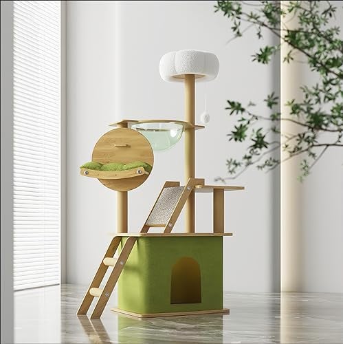 Mekidulu Arbre a Chat Haut 150cm-Avec 1Capsule Spatiale, 1 Maison pour Chat, 1Planche à gratter pour Chat, 1Hamac pour Chat, 1Plateforme de Saut en Peluche,1balle Jouet,1Coussin Vert (Couleur Vert)