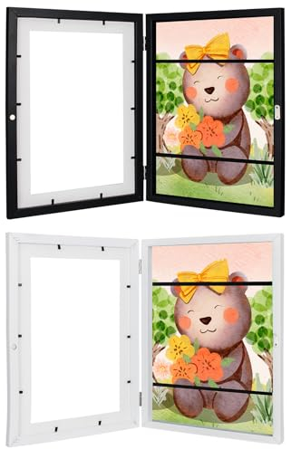 Kodilin A4 Bilderrahmen Kinderzeichnungen,kinder kunst bilderrahmen zum öffnen, A4 aufklappbar Frontöffnung Bilderrahmen Kinderbilder,Befüllbarer Wechseln Kunstfotorahmen(2pc,weiß+schwarz)