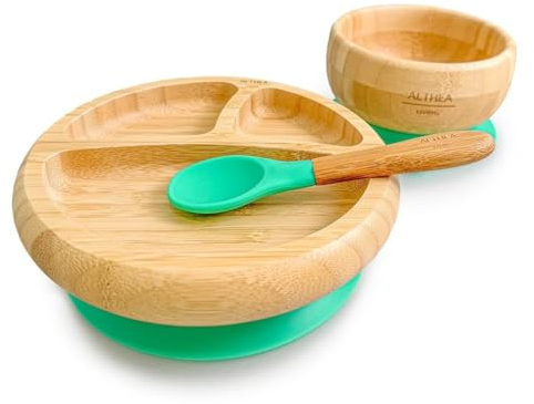 Althea Living - Vajilla de bambú para bebé, plato harvard y bol con ventosa, cuchara de silicona - Verde aguamarina