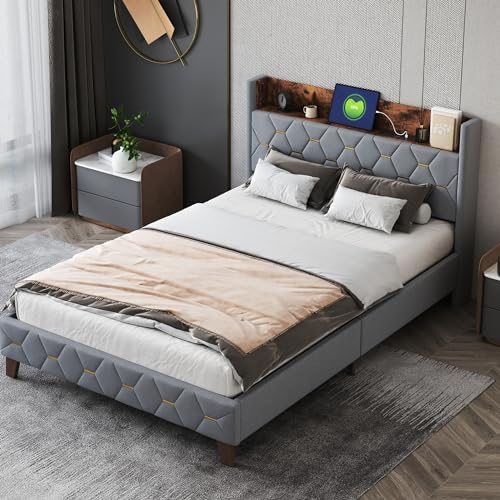 FEZTOY Polsterbett 140 x 200 cm, Stauraum-Kopfteil Bett mit Aufladen USB, Funktionsbett, Doppelbett Gästebett in hautfreundlichem Kardamom-Samt Grau ohne Matratze (Grau, 140x200)