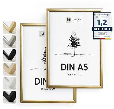 Heimlich® - Bilderrahmen - A5 14,8 x 21 cm, Aluminium, Metall, Gold, 2er-Pack – Diplom-Poster-Collage-Rahmen mit Folienabdeckung – Wandmontage oder Tischaufsteller