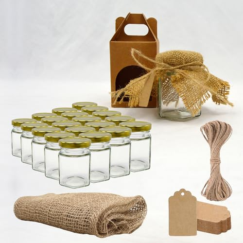 20x Petit Pot de Miel Hexagonal avec Couvercle 80ml + 20x Boîte Kraft pour 1 Pot + 20x Bande de Tissu de Jute + 20x Étiquette en Carton Kraft + Ficelle de Jute - Idéal pour la Conservation de Miel