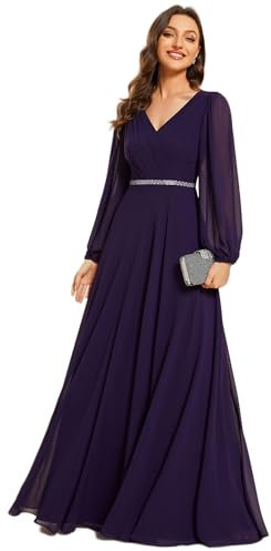 Ever-Pretty Evening Dress Long Sleeves V Neck A-Line Prom Dresses Dark Purple 24