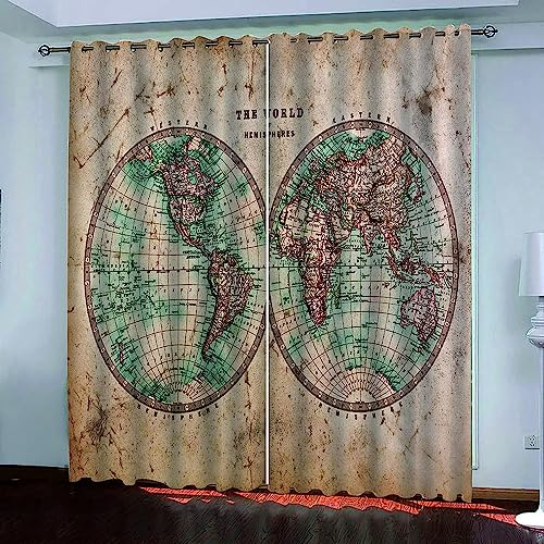 3D Braune Weltkarte Vorhang Mit Ösen 280 X 250 cm Mikrofaser Gardinen Blickdicht Verdunkelungs Scheibengardinen 2 Stücke Für Wohnzimmer Schlafzimmer Kinderzimmer Jugendzimmer-6W7L-M1K