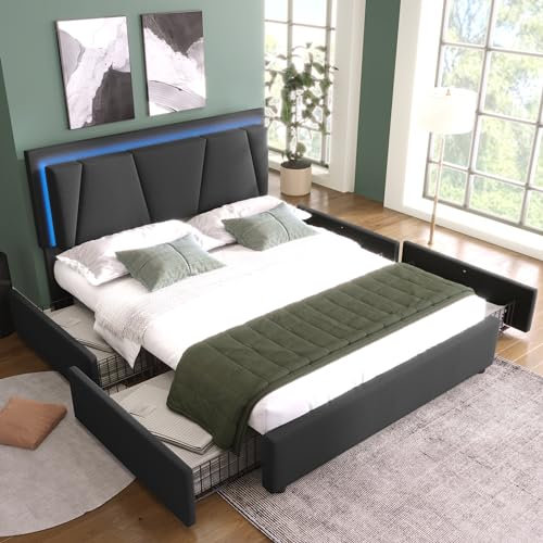 Becag Doppelbett Polsterbett 160x200 cm, Bett mit 4 Schubladen Stauraum, Höhenverstellbarem LED-Kopfteil, Bettgestell mit Lattenrost, Stauraumbett Rückenlehne Bett, Ohne Matratze, Leinen Grau