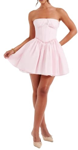 SANSIWU Women Off Shoulder Corset Mini Dress Casual Puff Short Sleeve Backless Ruched A-line Dress Boho Ruffle Beach Short Dress (C-01, S)