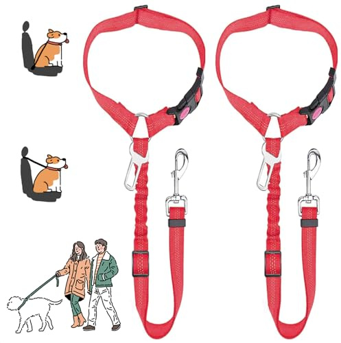 MOLHEM Sicherheitsgurt für Haustiere, Hunde, für Auto, verstellbar, elastisch, für Autos, stoßfest, elastisch, gepolstert, Rot, 2 Stück