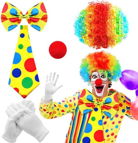 QIMMU 5 Stück Clown Kostüm Zubehör, Clown Accessoires, Clown Perücke,Clownsnasen Rot,Clown Zubehör Accessoires,Clown Kostüm Kinder Damen Herren,Clown Fliege,Bunte Krawatte,Handschuhe