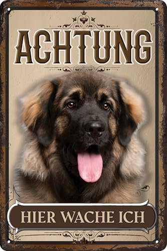 30 x 20 cm wetterfestes Blechschild, Warnhinweis, Torschild, Achtung, hier Wache ich! Warnung vor dem Hund (Leonberger)