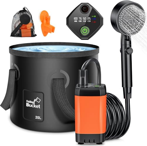 Rsaoty Ducha Portatil, 3000 mAh Ducha Portatil Camping Bateria, IPX7 Impermeable Ducha Portatil Camping con Bomba, 20L depósito Plegable de Agua,Pantalla Inteligente,para Jardín,Camping,Viajes