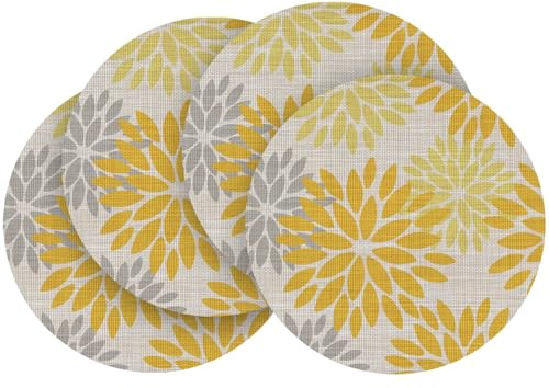 Artoid Mode Gelb Dahlien Sommer PVC Round Platzsets 4er Set, 36cm Tischsets Schmutzabweisend Hitzebeständig Platzdeckchen Küche Deko