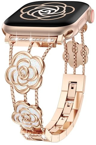 Wearlizer Bling Metal Strap Compatible with Apple Watch Strap 40/38/41/42mm Women, Dressy Diamond Elegant Camellia Luxury Band for iWatch SE Series 11/10/9/8/7/6/5/4/3/2/1/Ultra Rose Gold/Colorful