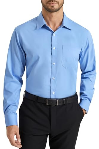 HISDERN Chemise Bleu Oxford à Manches Longues pour Hommes Chemise Habillée en Fibre de Bambou Coupe Régulière Chemise sans Repassage avec Poche,XL