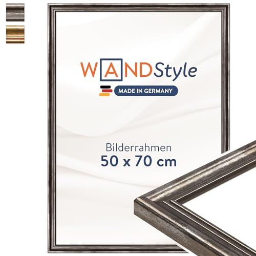 WANDStyle silberner Bilderrahmen 50x70 Holz, Bilderrahmen Silber Vintage | Hochwertiger Holzbilderrahmen Antik, Posterrahmen zum Aufhängen, Rahmen 70x50 cm, Fotorahmen H400 Made in Germany