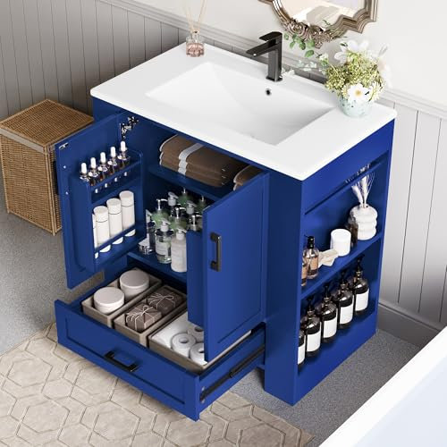 YuQozii Badezimmerschrank, Waschtisch,komplett lackiert, Doppeltürregale, geräuschlose Schubladen, Regale auf beiden Seiten, integriertes Keramikwaschbecken, blau