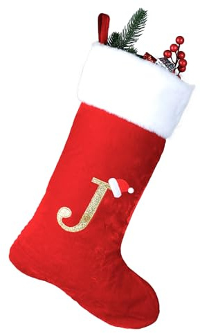 MSQ 18 Zoll Monogramm Weihnachtsstrümpfe Brief J,Roter Samt weißer Plüsch | Weihnachtsstrümpfe Weihnachtsbaum Kamin hängende Weihnachtsdekorationen